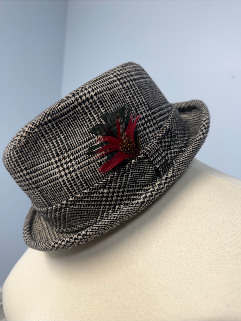 Pendleton Vtg Plaid Trilby Hat with Feather Accent